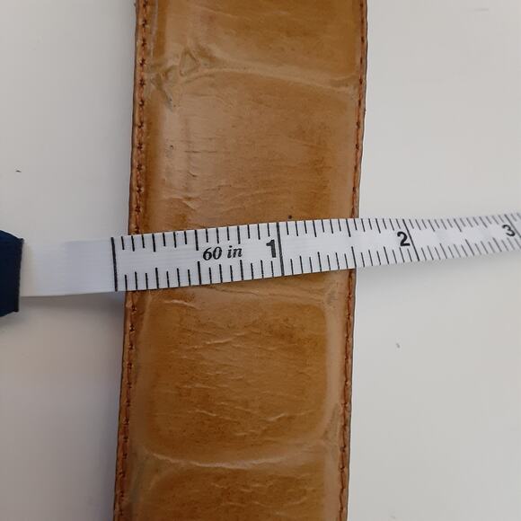 Vintage 80s Reptile Croco Belt Carmel Genuine Leather Gold Coin Buckle Sz L - Picture 10 of 11